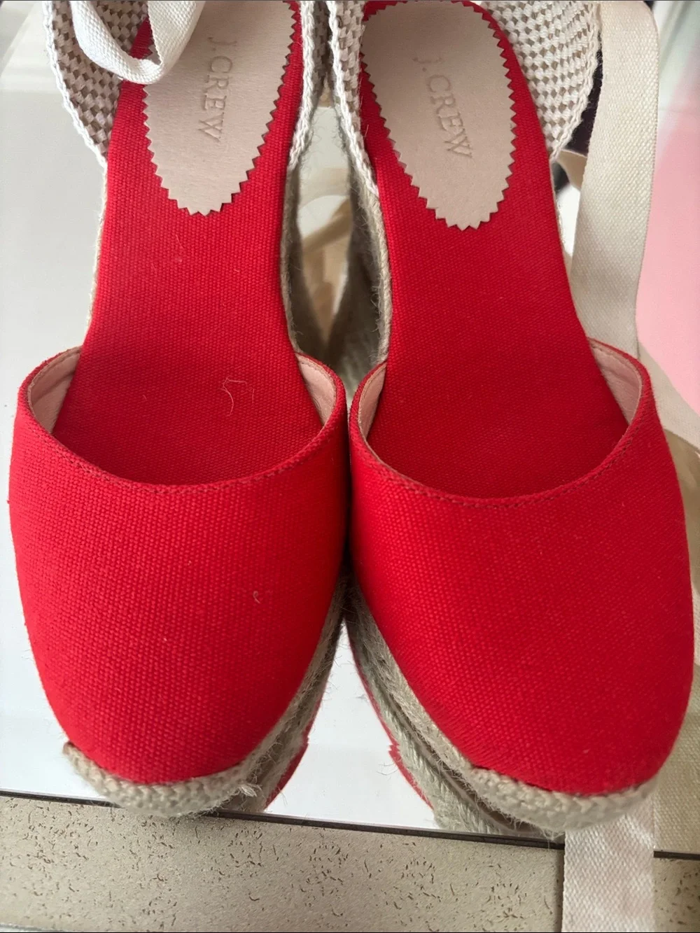 J. Crew Red Espadrille Wedge Sandals with Cream Ankle Ties